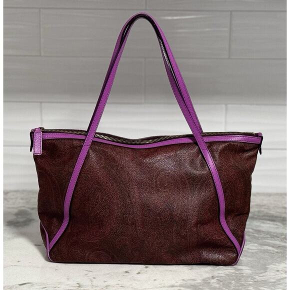 Etro Medium Tote Bag Paisley Pattern Purple Leather Trim France